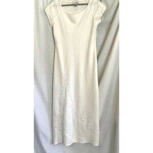 Evan Picone Ivory 100% Linen Maxi Dress Cap Slves Embroidered White on White/ 12